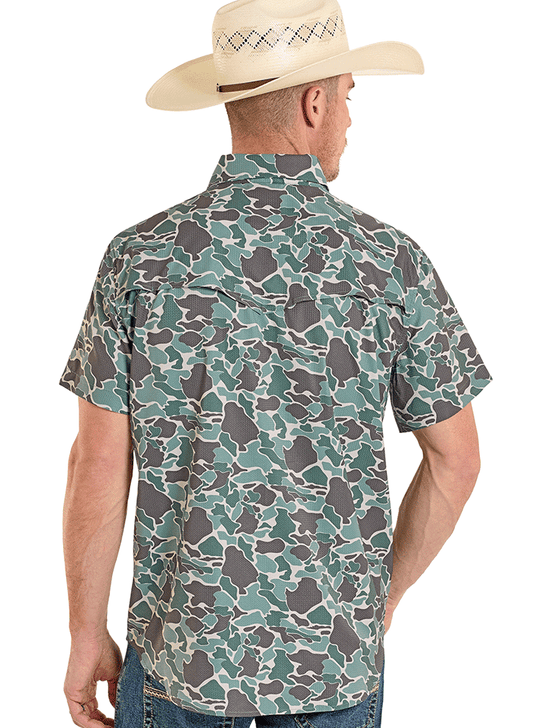 Rock & Roll Denim BMN3S08395 Mens Short Sleeve Tek Western Shirt Camo Print back view. If you need any assistance with this item or the purchase of this item please call us at five six one seven four eight eight eight zero one Monday through Saturday 10:00a.m EST to 8:00 p.m EST