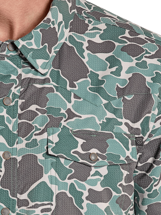 Rock & Roll Denim BMN3S08395 Mens Short Sleeve Tek Western Shirt Camo Print close up. If you need any assistance with this item or the purchase of this item please call us at five six one seven four eight eight eight zero one Monday through Saturday 10:00a.m EST to 8:00 p.m EST