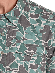 Rock & Roll Denim BMN3S08395 Mens Short Sleeve Tek Western Shirt Camo Print close up. If you need any assistance with this item or the purchase of this item please call us at five six one seven four eight eight eight zero one Monday through Saturday 10:00a.m EST to 8:00 p.m EST