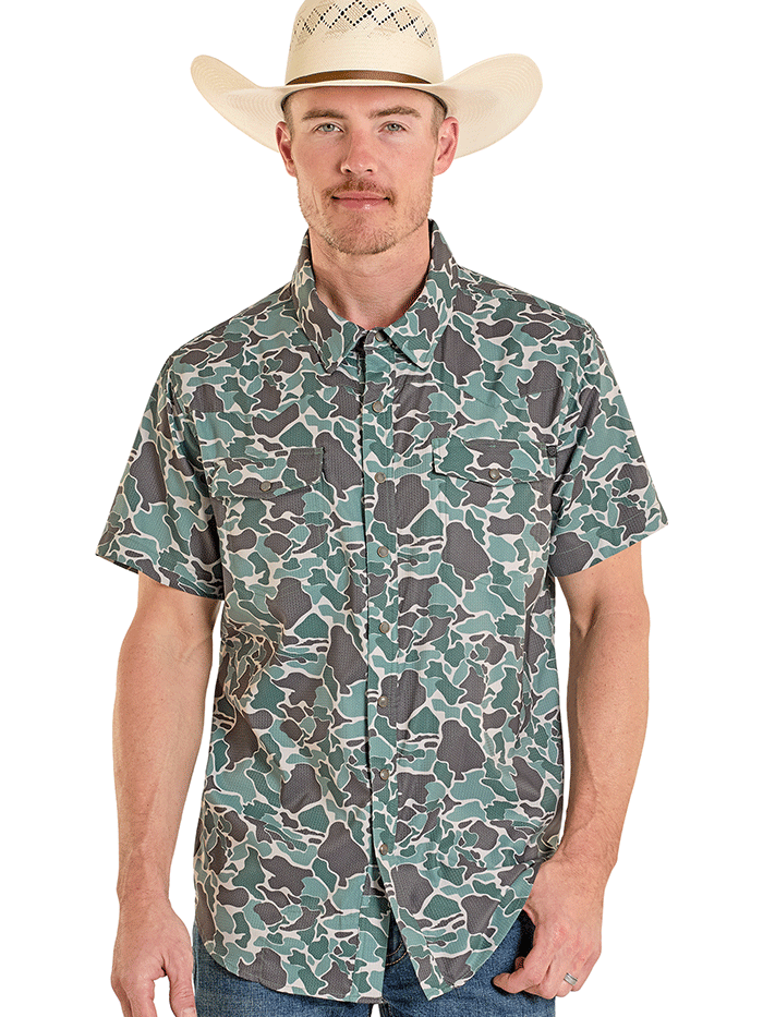 Rock & Roll Denim BMN3S08395 Mens Short Sleeve Tek Western Shirt Camo Print front view. If you need any assistance with this item or the purchase of this item please call us at five six one seven four eight eight eight zero one Monday through Saturday 10:00a.m EST to 8:00 p.m EST