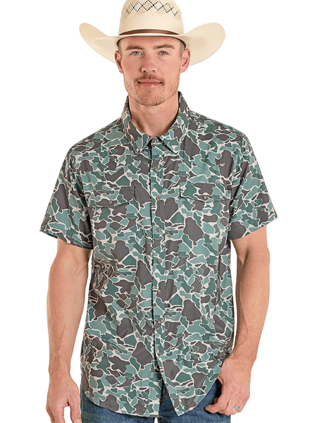 Rock & Roll Denim BMN3S08395 Mens Short Sleeve Tek Western Shirt Camo Print front view. If you need any assistance with this item or the purchase of this item please call us at five six one seven four eight eight eight zero one Monday through Saturday 10:00a.m EST to 8:00 p.m EST