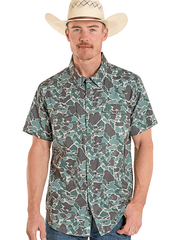 Rock & Roll Denim BMN3S08395 Mens Short Sleeve Tek Western Shirt Camo Print front view. If you need any assistance with this item or the purchase of this item please call us at five six one seven four eight eight eight zero one Monday through Saturday 10:00a.m EST to 8:00 p.m EST