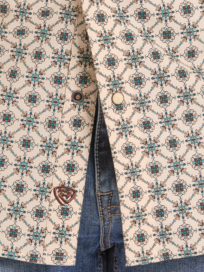 Rock & Roll Denim BMN3S08648 Mens Medallion Print Short Sleeve Snap Shirt Teal front view. If you need any assistance with this item or the purchase of this item please call us at five six one seven four eight eight eight zero one Monday through Saturday 10:00a.m EST to 8:00 p.m EST