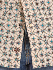 Rock & Roll Denim BMN3S08648 Mens Medallion Print Short Sleeve Snap Shirt Teal close up view of fabric. If you need any assistance with this item or the purchase of this item please call us at five six one seven four eight eight eight zero one Monday through Saturday 10:00a.m EST to 8:00 p.m EST