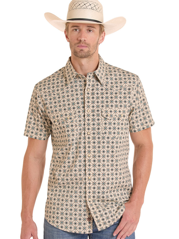 Rock & Roll Denim BMN3S08648 Mens Medallion Print Short Sleeve Snap Shirt Teal front view. If you need any assistance with this item or the purchase of this item please call us at five six one seven four eight eight eight zero one Monday through Saturday 10:00a.m EST to 8:00 p.m EST