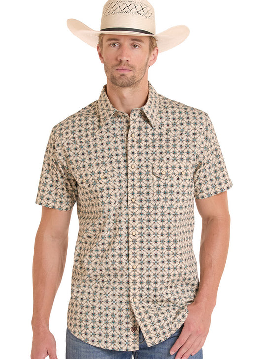 Rock & Roll Denim BMN3S08648 Mens Medallion Print Short Sleeve Snap Shirt Teal front view. If you need any assistance with this item or the purchase of this item please call us at five six one seven four eight eight eight zero one Monday through Saturday 10:00a.m EST to 8:00 p.m EST