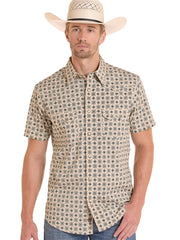 Rock & Roll Denim BMN3S08648 Mens Medallion Print Short Sleeve Snap Shirt Teal front view. If you need any assistance with this item or the purchase of this item please call us at five six one seven four eight eight eight zero one Monday through Saturday 10:00a.m EST to 8:00 p.m EST