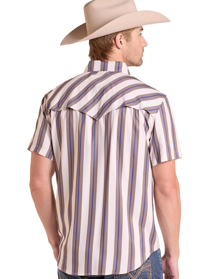 Rock & Roll Denim BMN3S09455 Mens TEK Stripe Printed Short Sleeve Shirt Natural front view. If you need any assistance with this item or the purchase of this item please call us at five six one seven four eight eight eight zero one Monday through Saturday 10:00a.m EST to 8:00 p.m EST