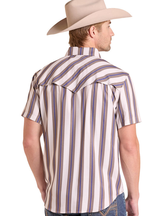 Rock & Roll Denim BMN3S09455 Mens TEK Stripe Printed Short Sleeve Shirt Natural back view. If you need any assistance with this item or the purchase of this item please call us at five six one seven four eight eight eight zero one Monday through Saturday 10:00a.m EST to 8:00 p.m EST