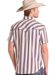 Rock & Roll Denim BMN3S09455 Mens TEK Stripe Printed Short Sleeve Shirt Natural back view. If you need any assistance with this item or the purchase of this item please call us at five six one seven four eight eight eight zero one Monday through Saturday 10:00a.m EST to 8:00 p.m EST