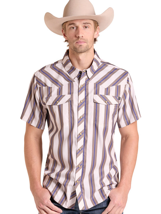 Rock & Roll Denim BMN3S09455 Mens TEK Stripe Printed Short Sleeve Shirt Natural front view. If you need any assistance with this item or the purchase of this item please call us at five six one seven four eight eight eight zero one Monday through Saturday 10:00a.m EST to 8:00 p.m EST
