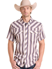 Rock & Roll Denim BMN3S09455 Mens TEK Stripe Printed Short Sleeve Shirt Natural front view. If you need any assistance with this item or the purchase of this item please call us at five six one seven four eight eight eight zero one Monday through Saturday 10:00a.m EST to 8:00 p.m EST