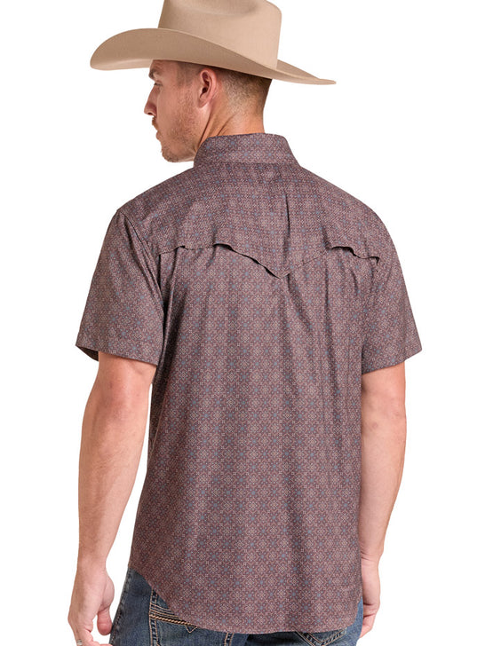 Rock & Roll Denim BMN3S09458 Mens Tek Medallion Print Short Sleeve Snap Shirt Dark Brown back view. If you need any assistance with this item or the purchase of this item please call us at five six one seven four eight eight eight zero one Monday through Saturday 10:00a.m EST to 8:00 p.m EST