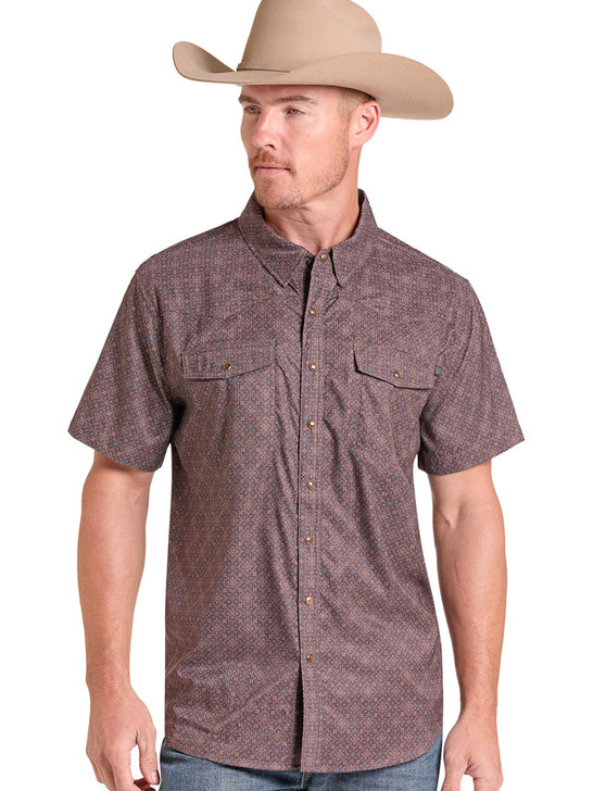 Rock & Roll Denim BMN3S09458 Mens Tek Medallion Print Short Sleeve Snap Shirt Dark Brown front view. If you need any assistance with this item or the purchase of this item please call us at five six one seven four eight eight eight zero one Monday through Saturday 10:00a.m EST to 8:00 p.m EST