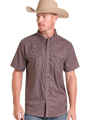 Rock & Roll Denim BMN3S09458 Mens Tek Medallion Print Short Sleeve Snap Shirt Dark Brown front view. If you need any assistance with this item or the purchase of this item please call us at five six one seven four eight eight eight zero one Monday through Saturday 10:00a.m EST to 8:00 p.m EST