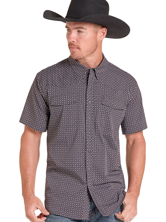 Rock & Roll Denim BMN3S09460 Mens Tek Western Short Sleeve Shirt Black front view. If you need any assistance with this item or the purchase of this item please call us at five six one seven four eight eight eight zero one Monday through Saturday 10:00a.m EST to 8:00 p.m EST
