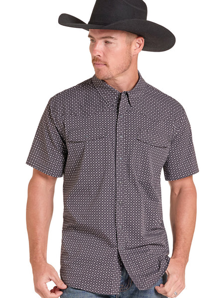 Rock & Roll Denim BMN3S09460 Mens Tek Western Short Sleeve Shirt Black front view. If you need any assistance with this item or the purchase of this item please call us at five six one seven four eight eight eight zero one Monday through Saturday 10:00a.m EST to 8:00 p.m EST
