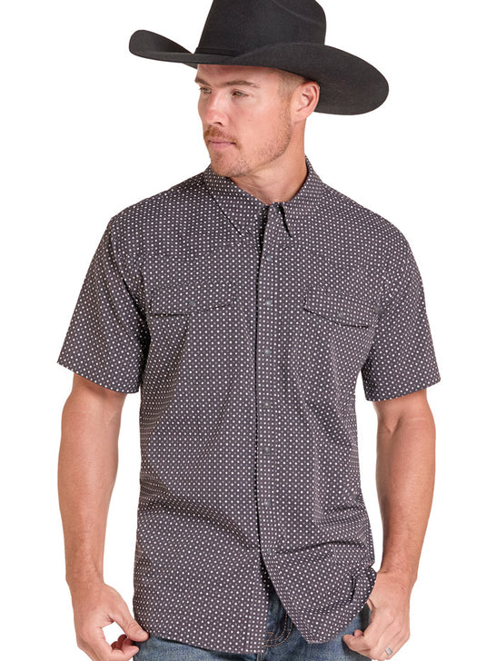 Rock & Roll Denim BMN3S09460 Mens Tek Western Short Sleeve Shirt Black front view. If you need any assistance with this item or the purchase of this item please call us at five six one seven four eight eight eight zero one Monday through Saturday 10:00a.m EST to 8:00 p.m EST
