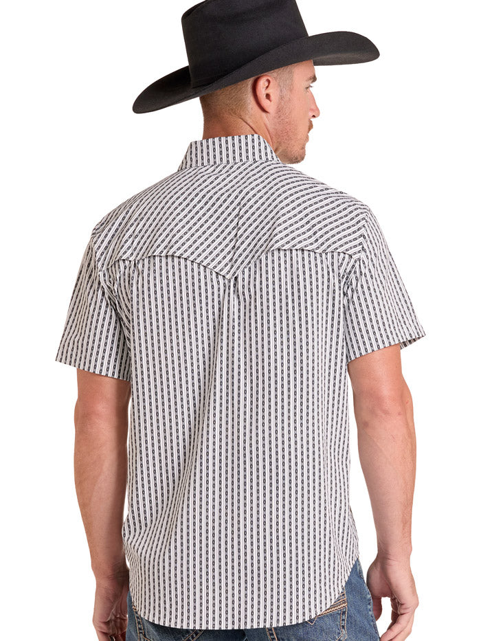 A man wearing a black cowboy hat and a short-sleeve button-up shirt with a black and white herringbone pattern, photographed against a solid white background. If you need any assistance with this item or the purchase of this item please call us at five six one seven four eight eight eight zero one Monday through Saturday 10:00a.m EST to 8:00 p.m EST