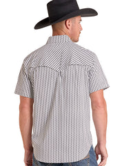 A man wearing a black cowboy hat and a black-and-white vertically striped short-sleeve western shirt, shown from the back against a plain white background. If you need any assistance with this item or the purchase of this item please call us at five six one seven four eight eight eight zero one Monday through Saturday 10:00a.m EST to 8:00 p.m EST