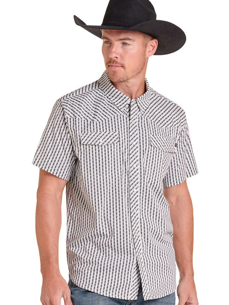 A man wearing a black cowboy hat and a short-sleeve button-up shirt with a black and white herringbone pattern, photographed against a solid white background. If you need any assistance with this item or the purchase of this item please call us at five six one seven four eight eight eight zero one Monday through Saturday 10:00a.m EST to 8:00 p.m EST