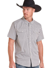 A man wearing a black cowboy hat and a short-sleeve button-up shirt with a black and white herringbone pattern, photographed against a solid white background. If you need any assistance with this item or the purchase of this item please call us at five six one seven four eight eight eight zero one Monday through Saturday 10:00a.m EST to 8:00 p.m EST