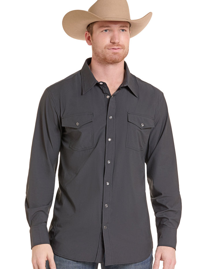 Rock & Roll Denim BMN4S09641 Mens Long Sleeve Tek Dress Shirt Black front view. If you need any assistance with this item or the purchase of this item please call us at five six one seven four eight eight eight zero one Monday through Saturday 10:00a.m EST to 8:00 p.m EST
