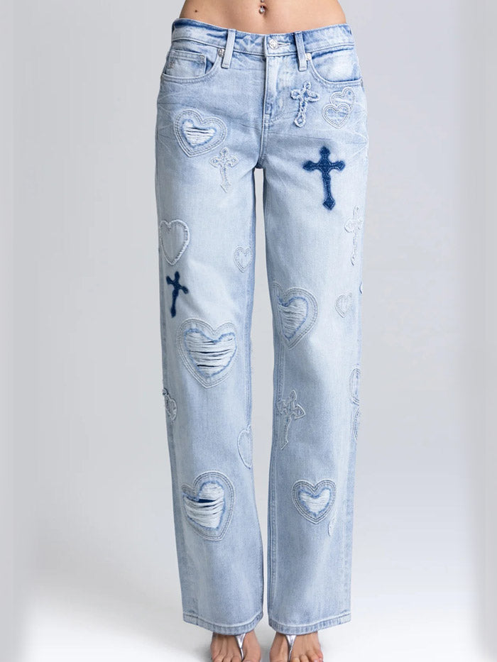 Miss Me M2410SWV Womens Aryanna Heart Cross Slim Wide Light Blue front view. If you need any assistance with this item or the purchase of this item please call us at five six one seven four eight eight eight zero one Monday through Saturday 10:00a.m EST to 8:00 p.m EST
