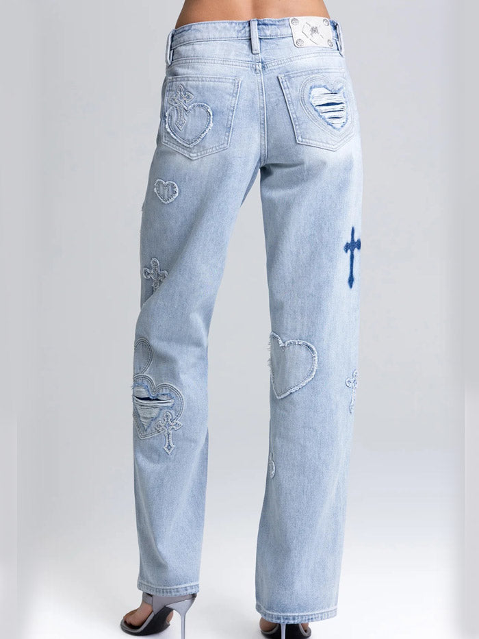 Miss Me M2410SWV Womens Aryanna Heart Cross Slim Wide Light Blue front view. If you need any assistance with this item or the purchase of this item please call us at five six one seven four eight eight eight zero one Monday through Saturday 10:00a.m EST to 8:00 p.m EST
