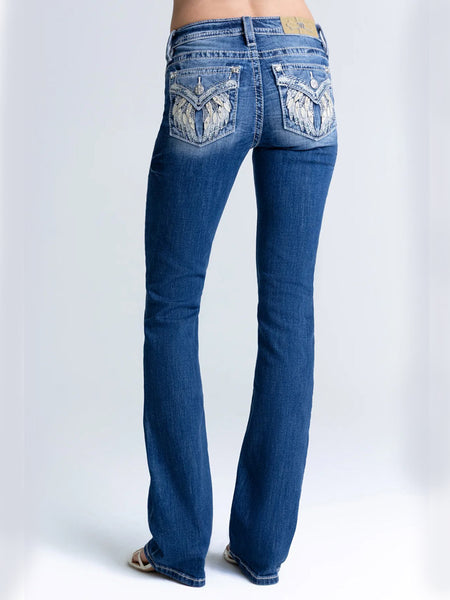 Miss Me M5082B250V Womens Mid Rise Farah Bootcut Jeans Medium Wash back view. If you need any assistance with this item or the purchase of this item please call us at five six one seven four eight eight eight zero one Monday through Saturday 10:00a.m EST to 8:00 p.m EST
