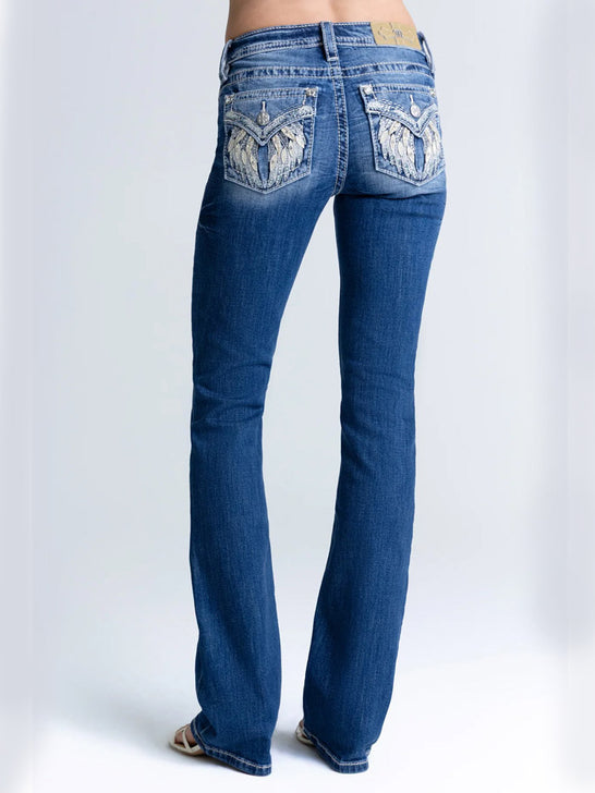 Miss Me M5082B250V Womens Mid Rise Farah Bootcut Jeans Medium Wash back view. If you need any assistance with this item or the purchase of this item please call us at five six one seven four eight eight eight zero one Monday through Saturday 10:00a.m EST to 8:00 p.m EST
