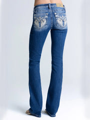 Miss Me M5082B250V Womens Mid Rise Farah Bootcut Jeans Medium Wash back view. If you need any assistance with this item or the purchase of this item please call us at five six one seven four eight eight eight zero one Monday through Saturday 10:00a.m EST to 8:00 p.m EST