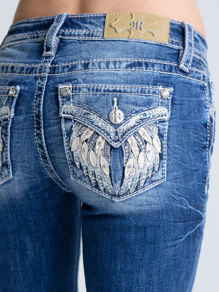 Miss Me M5082B250V Womens Mid Rise Farah Bootcut Jeans Medium Wash back close up view. If you need any assistance with this item or the purchase of this item please call us at five six one seven four eight eight eight zero one Monday through Saturday 10:00a.m EST to 8:00 p.m EST
