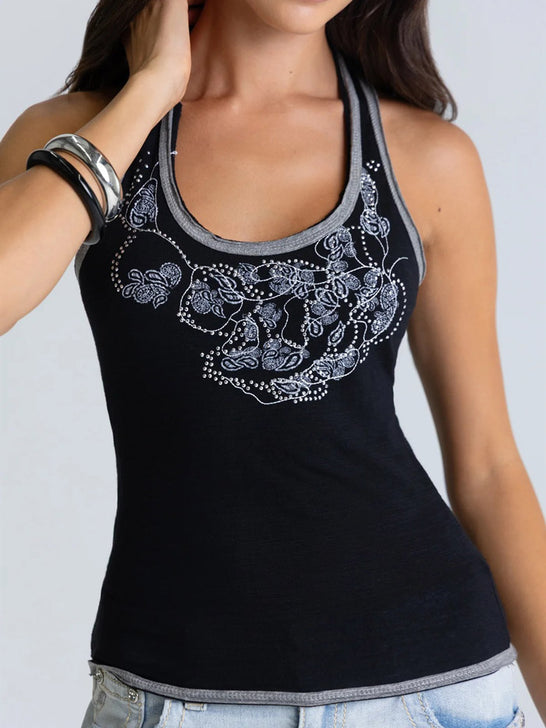 Miss Me BMT0241T-BLK Womens Blair Graphic Tank Black front view. If you need any assistance with this item or the purchase of this item please call us at five six one seven four eight eight eight zero one Monday through Saturday 10:00a.m EST to 8:00 p.m EST
