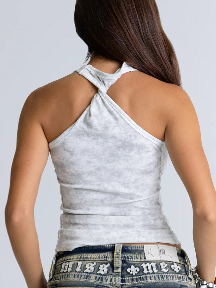 Miss Me BMT0253T Womens Lennon Graphic Tank White front view on model. If you need any assistance with this item or the purchase of this item please call us at five six one seven four eight eight eight zero one Monday through Saturday 10:00a.m EST to 8:00 p.m EST