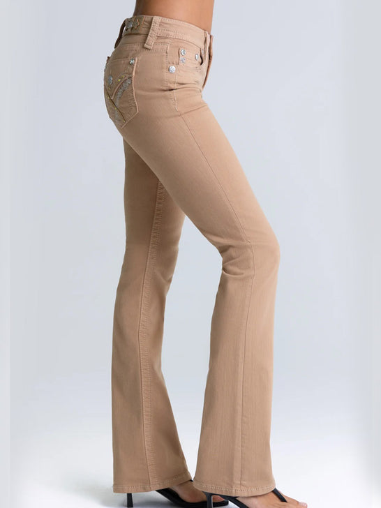 Miss Me M3444B178L Womens Billie Mid Rise Bootcut Jeans Tan side view. If you need any assistance with this item or the purchase of this item please call us at five six one seven four eight eight eight zero one Monday through Saturday 10:00a.m EST to 8:00 p.m EST