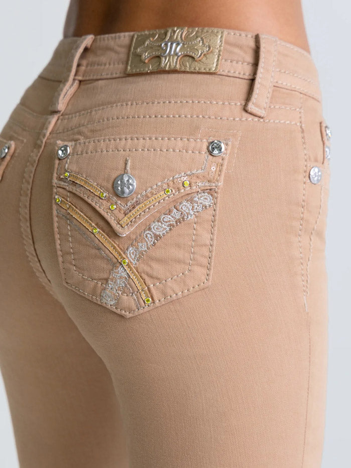 Miss Me M3444B178L Womens Billie Mid Rise Bootcut Jeans Tan back close up. If you need any assistance with this item or the purchase of this item please call us at five six one seven four eight eight eight zero one Monday through Saturday 10:00a.m EST to 8:00 p.m EST