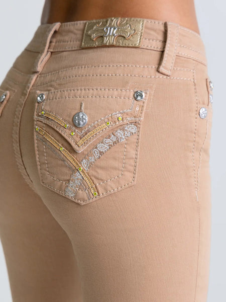 Miss Me M3444B178L Womens Billie Mid Rise Bootcut Jeans Tan back close up. If you need any assistance with this item or the purchase of this item please call us at five six one seven four eight eight eight zero one Monday through Saturday 10:00a.m EST to 8:00 p.m EST