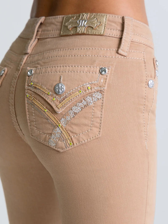 Miss Me M3444B178L Womens Billie Mid Rise Bootcut Jeans Tan back close up. If you need any assistance with this item or the purchase of this item please call us at five six one seven four eight eight eight zero one Monday through Saturday 10:00a.m EST to 8:00 p.m EST