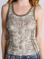 Miss Me BMT0260T-OLV Womens Mercy Graphic Tank Olive Green front view. If you need any assistance with this item or the purchase of this item please call us at five six one seven four eight eight eight zero one Monday through Saturday 10:00a.m EST to 8:00 p.m EST