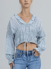 Miss Me BMT0813L-LB Womens Cropped Peasant Blouse Light Blue front view. If you need any assistance with this item or the purchase of this item please call us at five six one seven four eight eight eight zero one Monday through Saturday 10:00a.m EST to 8:00 p.m EST