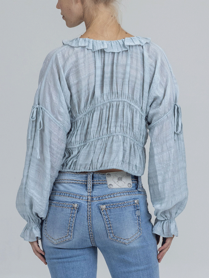 Miss Me BMT0813L-LB Womens Cropped Peasant Blouse Light Blue front view. If you need any assistance with this item or the purchase of this item please call us at five six one seven four eight eight eight zero one Monday through Saturday 10:00a.m EST to 8:00 p.m EST