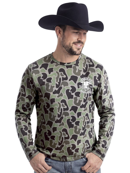 Rock & Roll Denim BU22T10320 Mens Performance Graphic Long Sleeve Tee Camo front view. If you need any assistance with this item or the purchase of this item please call us at five six one seven four eight eight eight zero one Monday through Saturday 10:00a.m EST to 8:00 p.m EST
