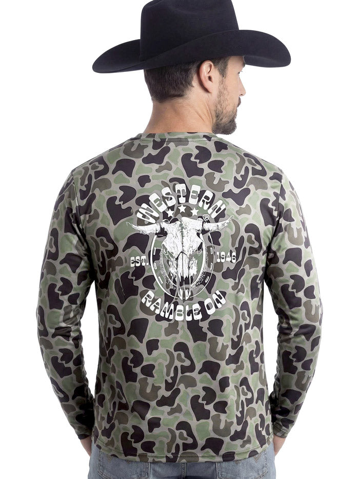 Rock & Roll Denim BU22T10320 Mens Performance Graphic Long Sleeve Tee Camo back view. If you need any assistance with this item or the purchase of this item please call us at five six one seven four eight eight eight zero one Monday through Saturday 10:00a.m EST to 8:00 p.m EST