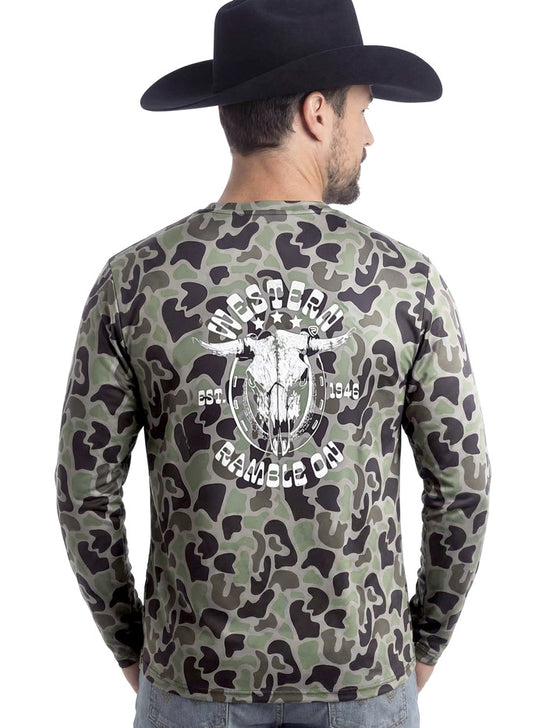 Rock & Roll Denim BU22T10320 Mens Performance Graphic Long Sleeve Tee Camo back view. If you need any assistance with this item or the purchase of this item please call us at five six one seven four eight eight eight zero one Monday through Saturday 10:00a.m EST to 8:00 p.m EST