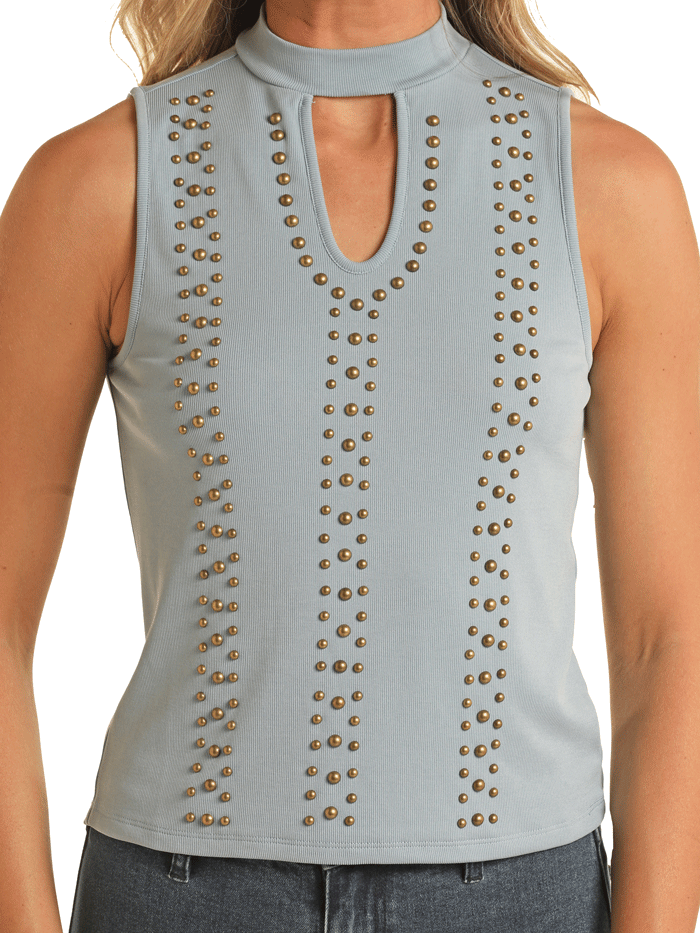 Rock & Roll Denim BW20T03259-46 Womens Ribbed Tank With Studs Powder Blue front view. If you need any assistance with this item or the purchase of this item please call us at five six one seven four eight eight eight zero one Monday through Saturday 10:00a.m EST to 8:00 p.m EST