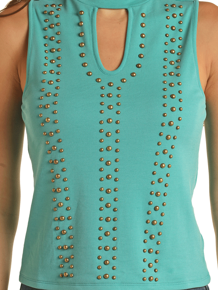 Rock & Roll Denim BW20T03259-86 Womens Ribbed Tank With Studs Turquoise front view. If you need any assistance with this item or the purchase of this item please call us at five six one seven four eight eight eight zero one Monday through Saturday 10:00a.m EST to 8:00 p.m EST