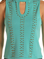 Rock & Roll Denim BW20T03259-86 Womens Ribbed Tank With Studs Turquoise close up view of front. If you need any assistance with this item or the purchase of this item please call us at five six one seven four eight eight eight zero one Monday through Saturday 10:00a.m EST to 8:00 p.m EST