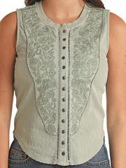 Rock & Roll Denim BW20T03302-GRN Womens Embroidered Floral Tank Jade Green close up view of embroidery on front. If you need any assistance with this item or the purchase of this item please call us at five six one seven four eight eight eight zero one Monday through Saturday 10:00a.m EST to 8:00 p.m EST