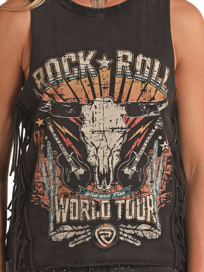Rock & Roll Denim BW20T03310 Womens Graphic Fringe Tank Black front view. If you need any assistance with this item or the purchase of this item please call us at five six one seven four eight eight eight zero one Monday through Saturday 10:00a.m EST to 8:00 p.m EST